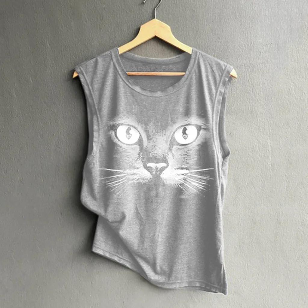 Женская футболка с котом топы с круглым вырезом кошка с принтом, без рукавов, майка Свободные майка, футболка одежда фитнес Blusas укороченный, женственный