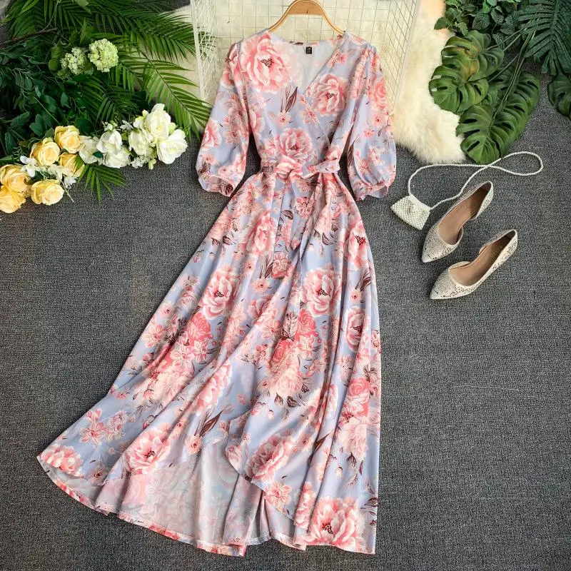 

2019 new fashion women's dresses V-neck puff sleeves waist with irregular mid-length dress