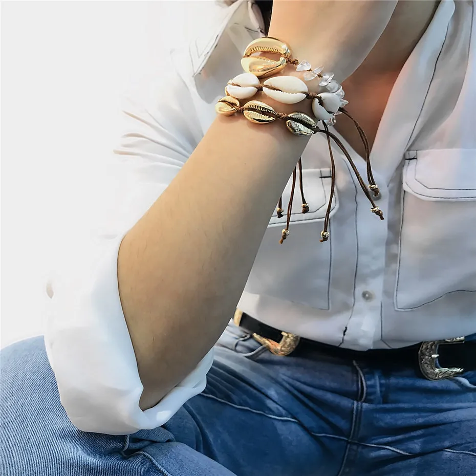 3 шт./компл. в богемном стиле больших Shell браслет Для женщин аксессуары панк летняя Морская ракушка Rope Chain, регулируемый браслет ювелирные изделия