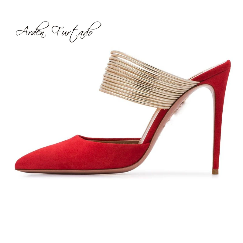 

Arden Furtado 2019 summer sexy stilettos heels red mules gold narrow band shoes fashion slippers big size 45 party shoes sandals