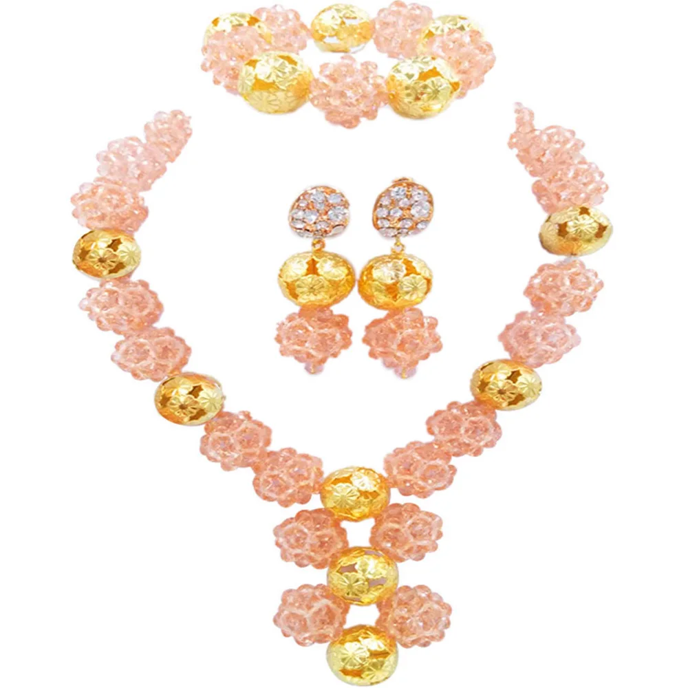 

Peach African Beads Jewelry Set Crystal Ball Beaded Nigerian Necklace Bracelet Earrings Sets 1SJQ08