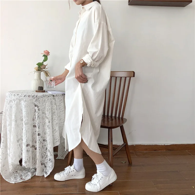 

Vintage autumn Long Dress long Sleeve shirt turn down collar woman Lady loose shirt Casual Fashion maxi Dress cotton blue white