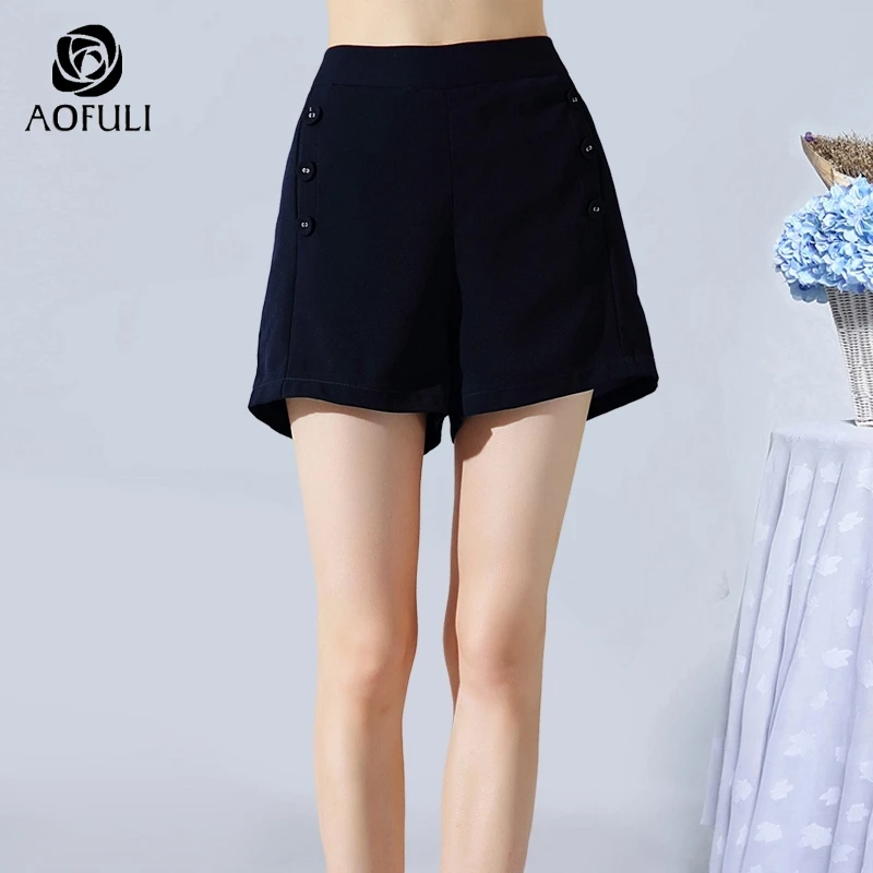

AOFULI XXL 3XL 4XL 5XL Office Ladies Shorts Summer Solid Color Blue Short Pants With Buttons Pocket Fashion Women Clothing 13313