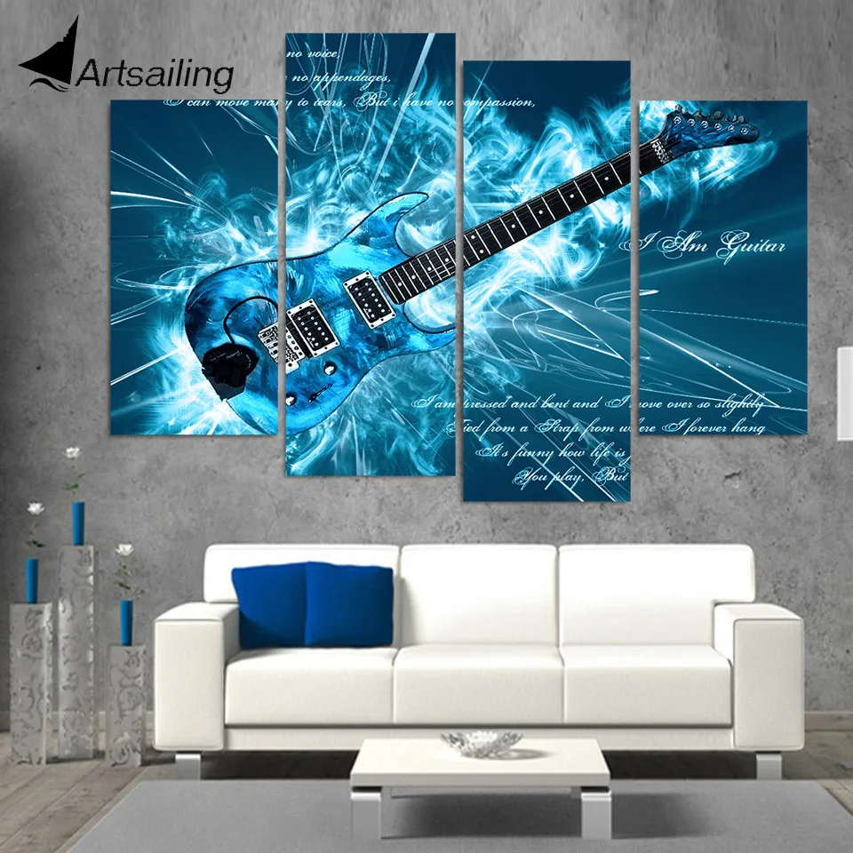 Music Guitar Blue Abstract SINGLE CANVAS WALL ARTWORK Print Art 