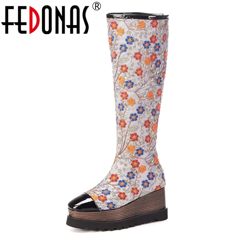 

FEDONAS New Women Embroider Knee High Boots 2020 Warm Autumn Winter High Platforms Sexy Party Dancing Shoes Woman High Boots