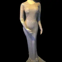 Женское платье для дня рождения Bling Стразы длинный рукав для танцев платье Серебряные Камни платье для певцов в ночном клубе шоу одежда