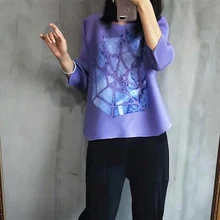 Miyake моды раза три четверти новые пикантные с рисунками героев мультфильма О-образным вырезом Футболка Женщины