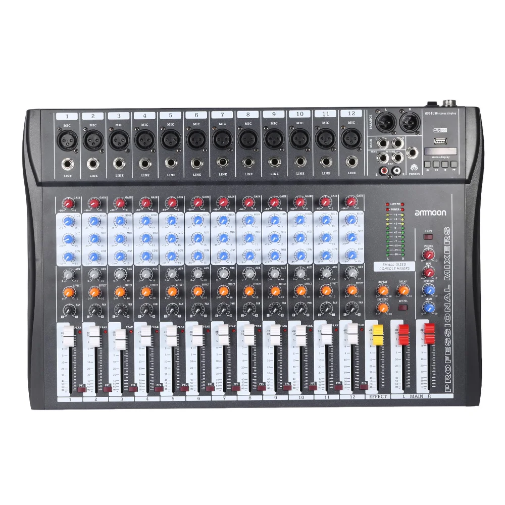 ammoon 120s usb 12 channels mixing console mic line audio mixer usb xlr input 3 band eq 48v ammoon 120s usb 12 channels mixing console mic line audio mixer usb xlr input 3 band eq 48v