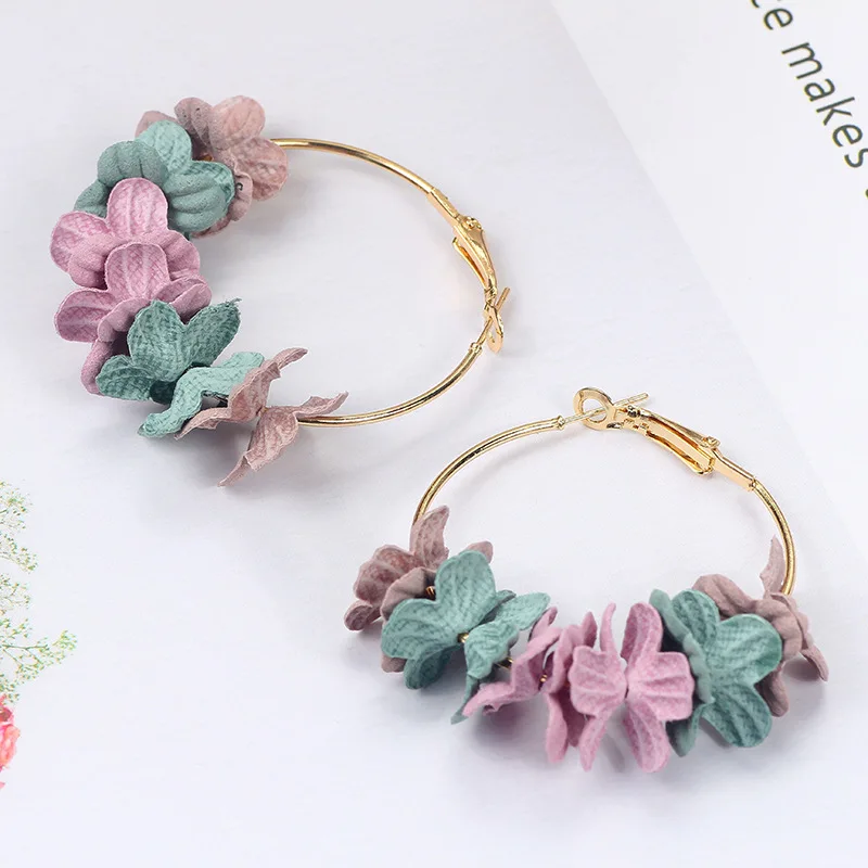 3*Elegant Fabric Flower Pendant Earrings Colorful Petal Alloy Circle