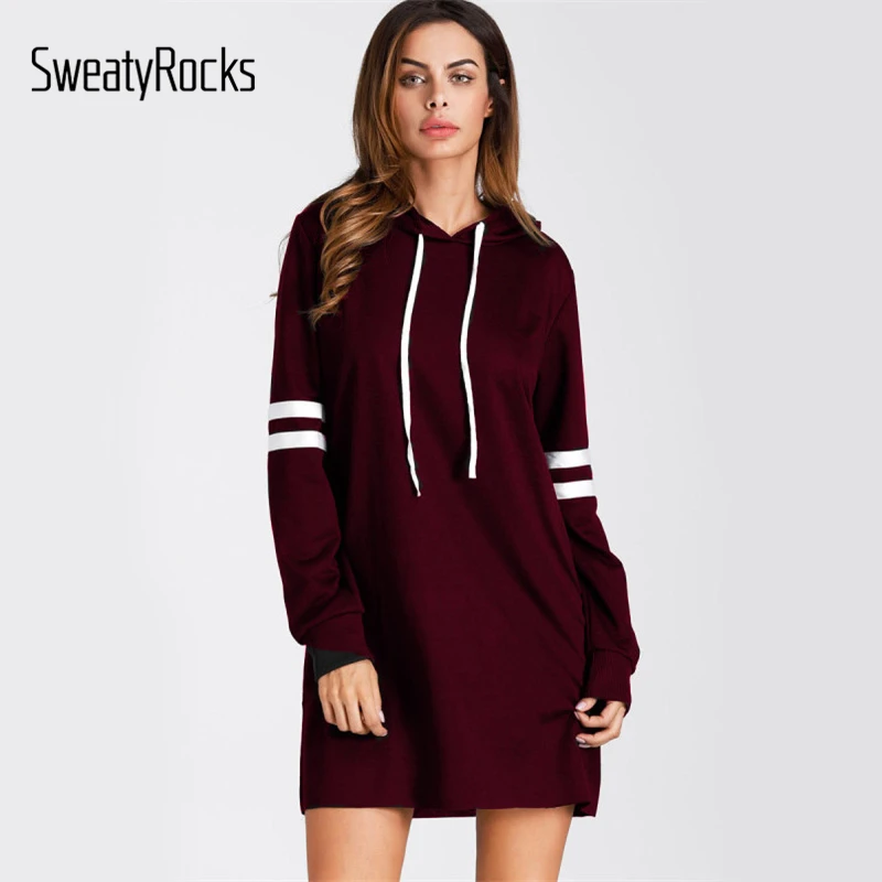 

SweatyRocks Burgundy Varsity Striped Long Hoodie Dress 2018 Autumn Women Long Sleeve Sweatshirt Dress Casual Dress For Ladies