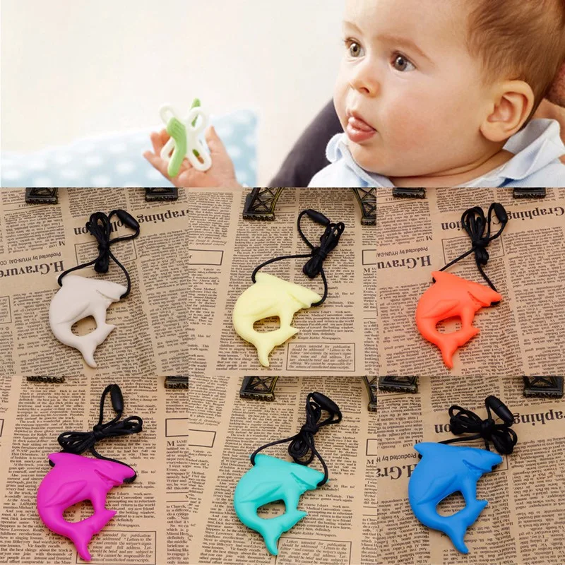 

New Shark Pendant Baby Teething Necklace Silicone Teether Autism Sensory Chew