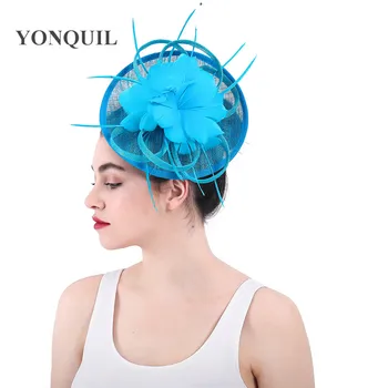 

turquoise sinamay 2020 Summer feathr flower Hair women elegant fedora cocktail party fashion headpieces Fascinators headband