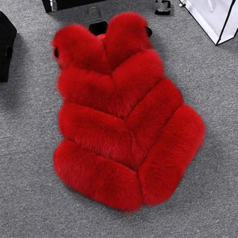 Uppin плюс Размеры 3XL зимние теплые толстые Для женщин из искусственного лисьего Мех животных пальто жилет высокое качество мода v-образным вырезом Мех животных пальто для для женщин верхняя одежда - Цвет: Красный