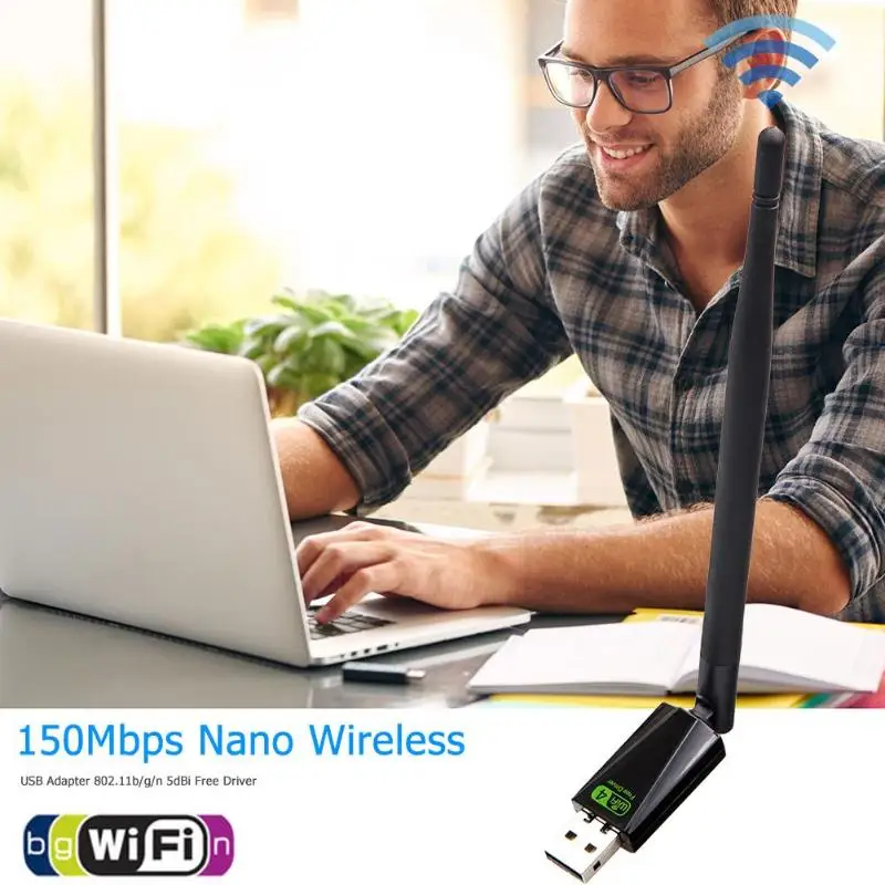 Беспроводной WiFi адаптер Dongle 150 Мбит/с Соединительная плата локальной компьютерной сети USB Wi-Fi приемник 2,4 ГГц с антенной 802.11b/g/n с CD-драйвером