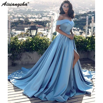 

Blue 2019 Evening Dresses Long Elegant Boat Neck A-Line Satin Sleeveless Floor-Length Customized Satin Fashionable Evening Gown