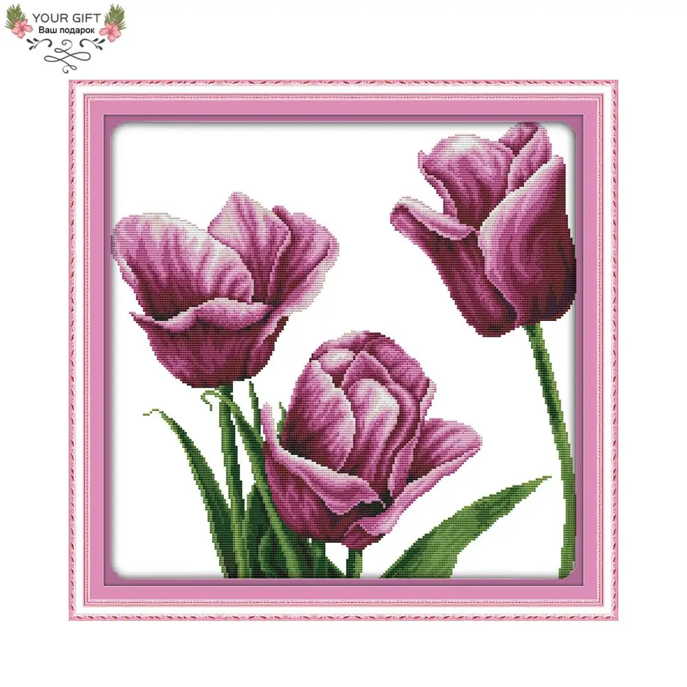

Your Gift H435(3) 14CT 11CT Counted and Stamped Home Decor Purple Tulip Needlework Needlepoint Embroidery DIY Cross Stitch kits