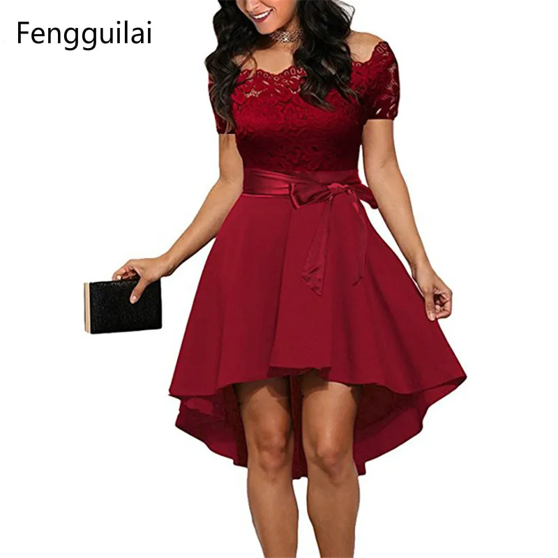 

2018 Spring Summer Off Shoulder Lace Bodice High Low Midi Dress Elegant Slash Neck Short Sleeve Bow Sashes Party Dresses