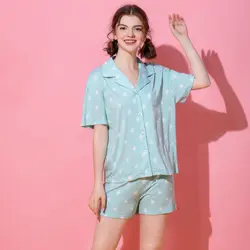 Летние повседневные пижамы женские хлопковые пижамы с отложным воротником и принтом шорты с коротким рукавом Pijama Mujer модный Свободный
