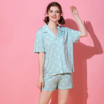 

Summer Casual Pajamas Women Cotton Turn-down Collar Printing Sleepwear Short Sleeve Shorts Pijama Mujer Fashion Loose Home Suit