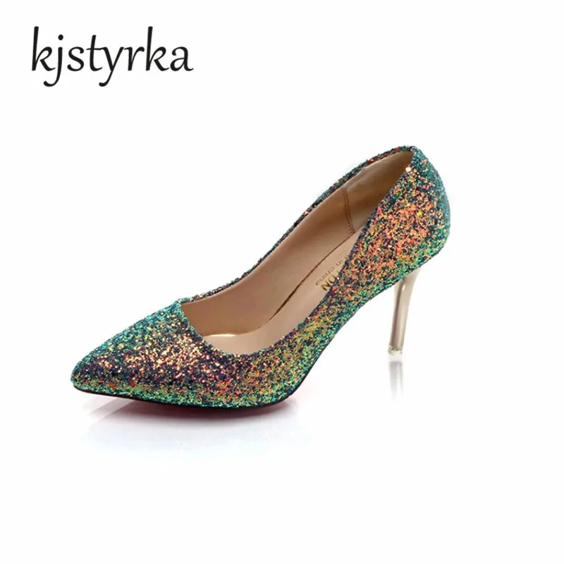 Kjstyrka Brand Women Pumps 9CM High Heels Silver Glitter