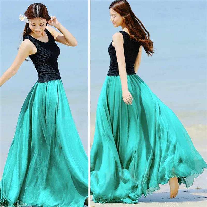 Модные женские длинные юбки для дам Boho шифоновое Плиссированное Платье макси с оборками пляжное повседневное платье юбка длиной до щиколотки 15 цветов