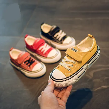 

Children Leisure Shoes 2019 Summer Autumn New Student Sports Canvas Shoes Hook Loop Candy Color Low Up Boys Girl Orange Sneakers
