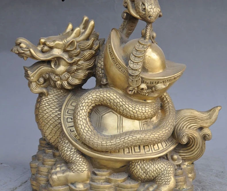 

11"Chinese Fengshui Brass Dragon Turtle Snake Wealth yuanbao Coin Rich Statue