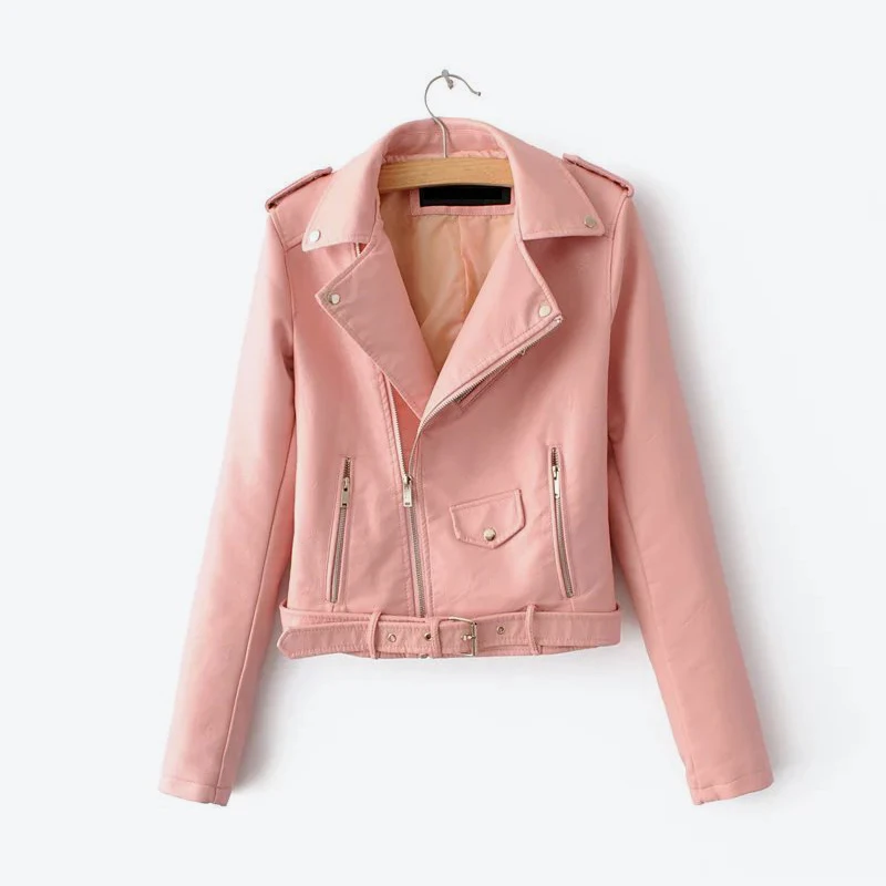 Pink Biker Faux PU Leather Womens Short Jacket Long Sleeve Motorcycle Multy Zipper Jackets Ladies 2019 Winter Fall Female Coats