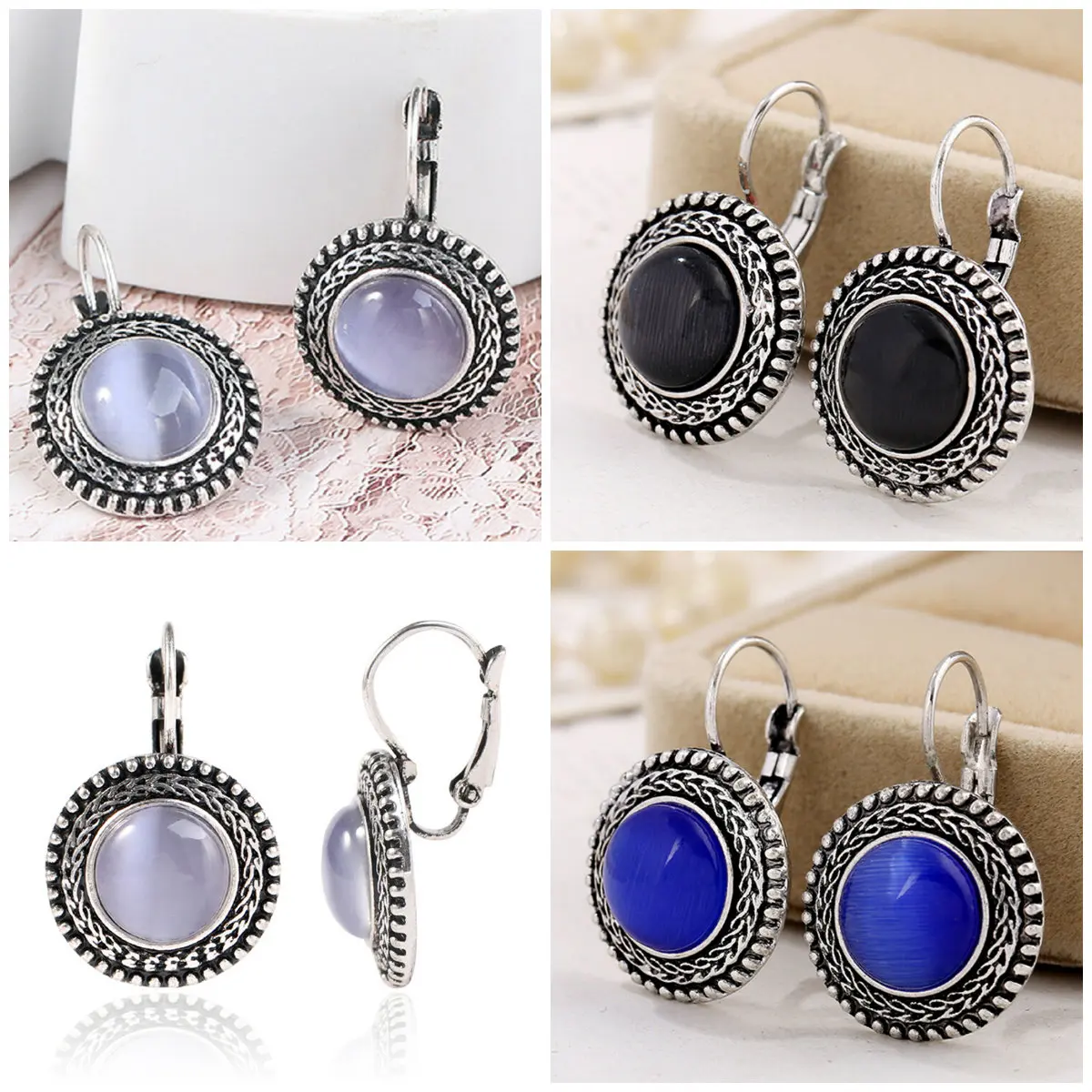 

Brand Vintage Elegant Round Gem Earrings For Women Charm Jewelry Luxury Beautiful Tibetan Silver Earrings Fashion