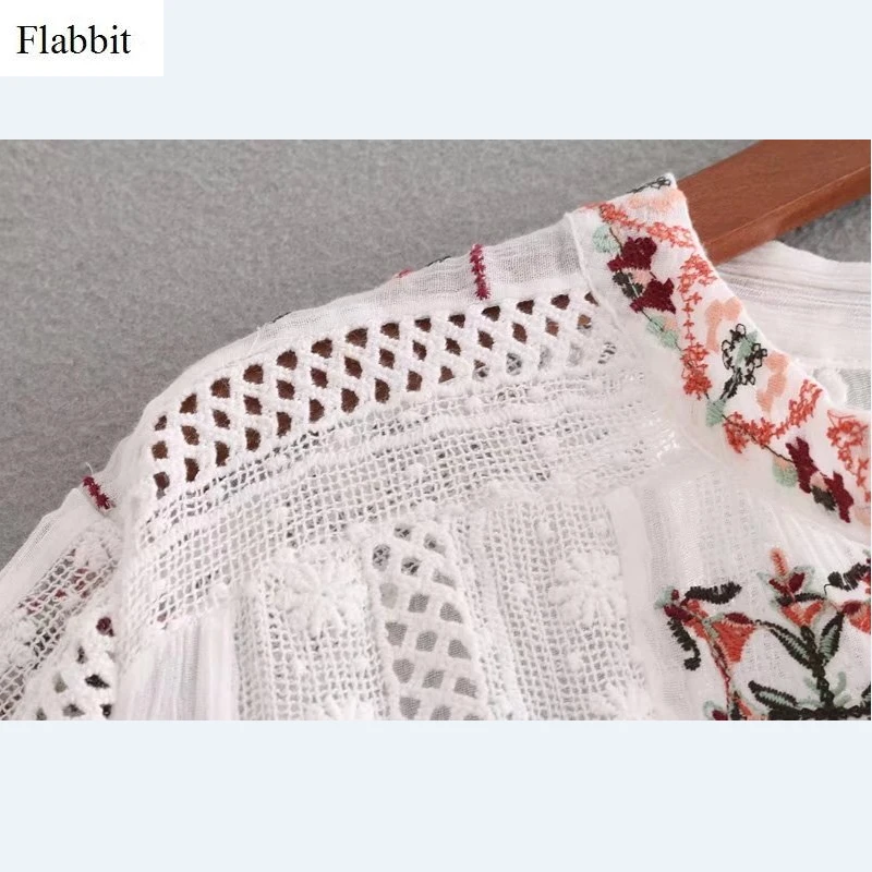 Flabbit Женская кружевная вязаная Лоскутная Блузка с вышивкой и v-образным вырезом Офисная женская блуза с длинным рукавом женская рубашка Топы LX0193