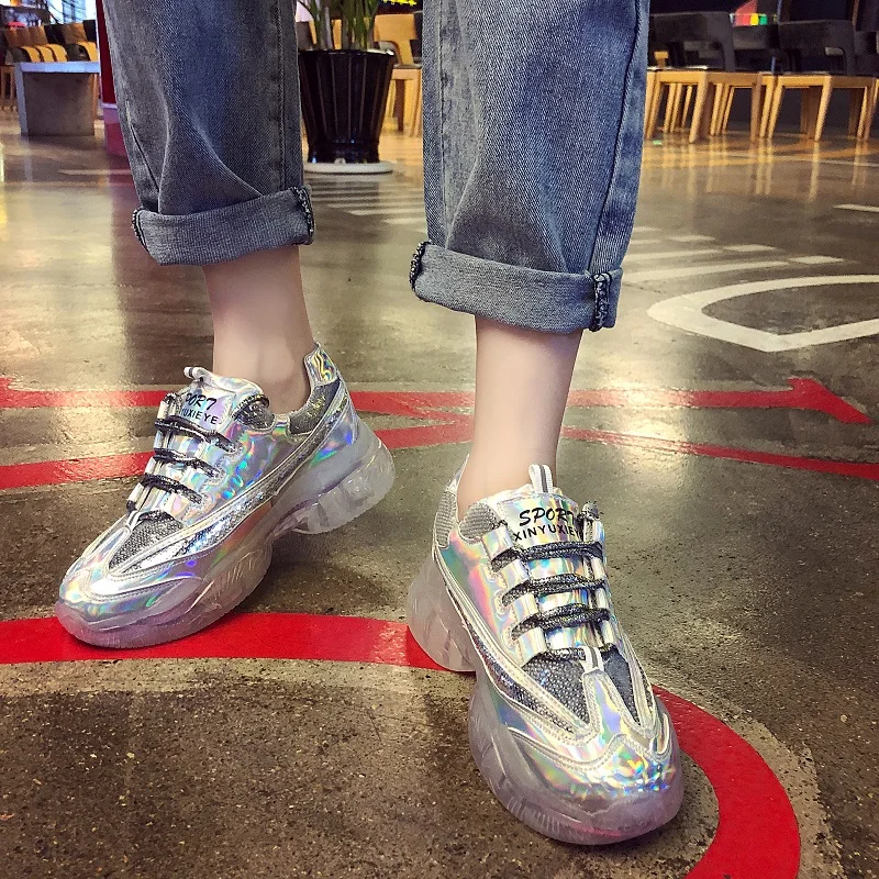 

Spring Women Chunky Sneakers Harajuku Casual Dad Shoes Platform Sneakers Transparent Jelly Sole Breathable Mesh Bling Sneakers