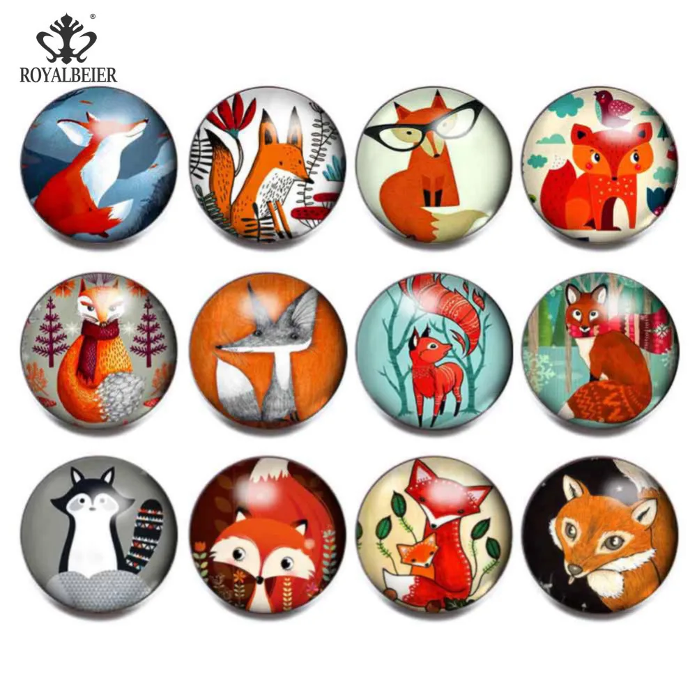 Royalbeier 12pcs Cartoon Snap Buttons Fox Print Glass Cabochon Fit Snap Bracelets Necklace 18mm Beads Charms DIY Jewelry Buttons