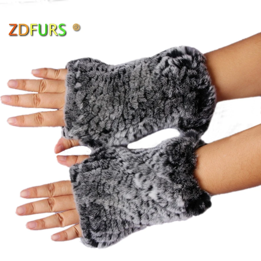 

ZDFURS * 2017 New Women's 100% Real Genuine Knitted Rex Rabbit Fur Winter Fingerless Gloves Mittens Arm Sleeve