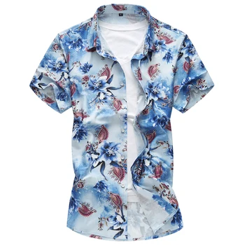 

2019 Hawaiian style Men short Sleeve Print Shirt Vacation Plus Size Casual Stand Collar Button Loose Shirt Apparel Comfort Tops