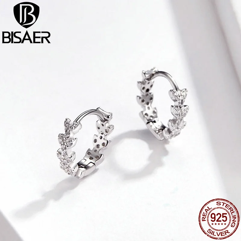 BISAER Wedding 925 Sterling Silver Flower Shape Stud Earrings for Women Luminous Cubic Zircon Earrings Jewelry EFE150