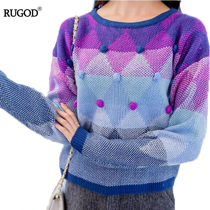 

RUGOD 2018 Knitting Sweater Women Pullover Gradient Purple Long Sleeve O-neck Tricot Sweater Female Knitwear Jumper Pull Femme