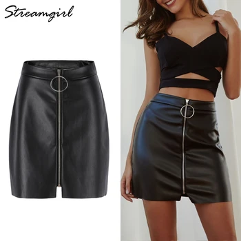 

Streamgirl 2019 Faux Leather Skirt Women A Line Short Front Zipper Sexy Black Skirt High Waist Mini PU Leather Skirts Womens