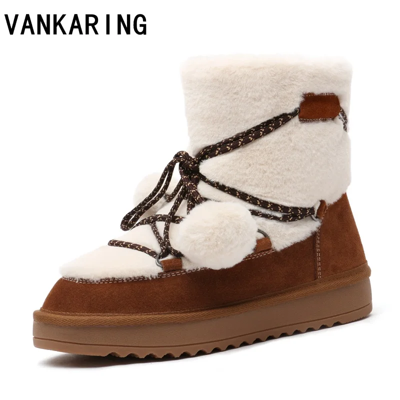 

VANKARING winter shoes woman ankle boots for women flat lace-up waterproof sexy ladies outdoor shoes warm snow boots platform