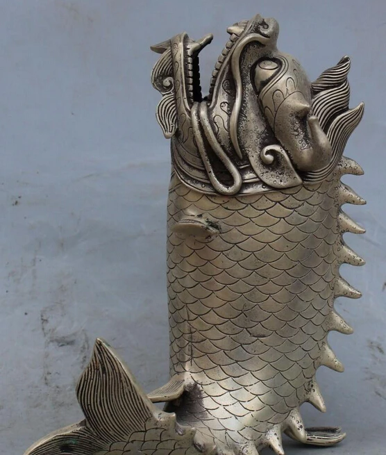 

9" Chinese Tibet Silver Animal Fish Incense Burner Censer Dragon beast Statue S0708