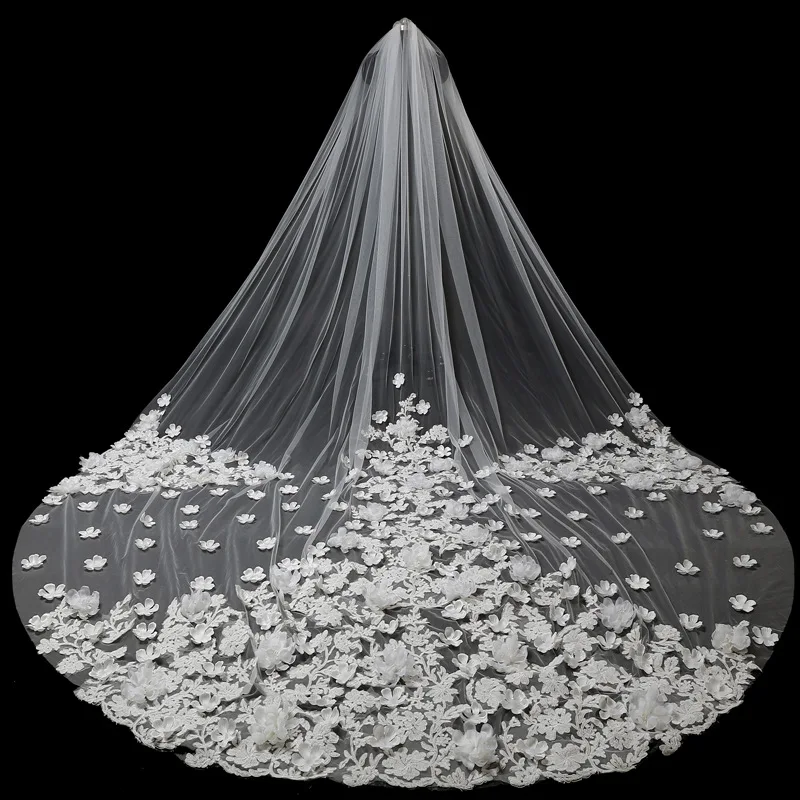 

AYiCuthia Hot Sale Cathedral Appliqued Bridal Veil Lace Edge Wedding Veil Two Tier Tulle Veils For Wedding Accessories TS24