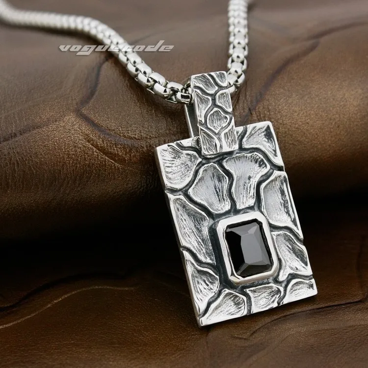 

925 Sterling Silver Square Stripe Black CZ Mens Biker Pendant 8X008(Necklace 24inch)