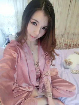 

Silk Pajama Sets Women V Neck Full Sleeve Nightdress Embroidery Lace Sexy Three Pieces Sleepwear