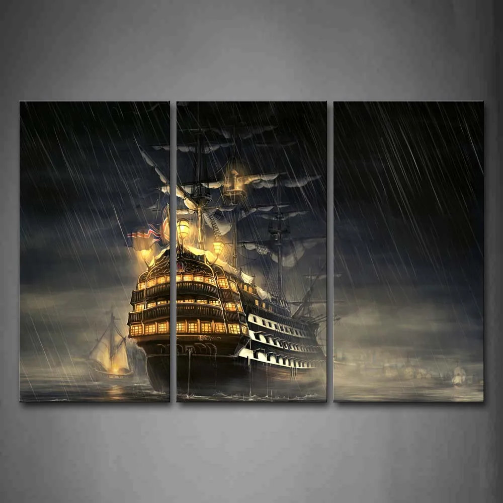 

Framed Wall Art Picture Ship Water Rainy Day Canvas Print Car Modern Poster With Wooden Frame For Home Living Room Decor
