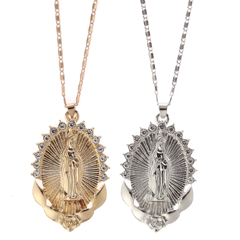 Virgin Mary Pendant Necklace For Women Gold Color Rhinestone Necklace