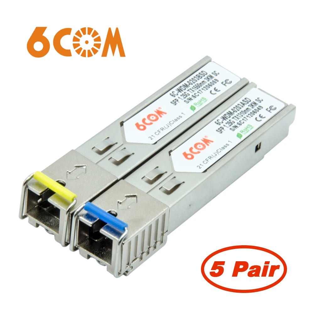 

Free Shipping! Single Fiber 1G WDM Module 1.25G 1310nm/1550nm 3km DDM BiDi SFP Transceiver (5-Pair)