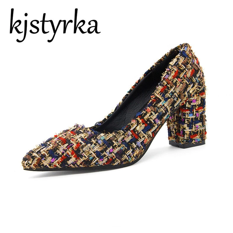 Kjstyrka 2018 primavera otoño nuevo Tweed houndstooth bloque de tacones para mujer retro moda mujeres zapatos bombas cuadrado tacón grueso| Zapatos de tacón de mujer| AliExpress