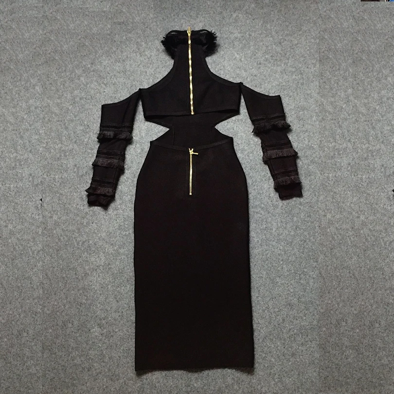 Новое летнее платье черная водолазка с кисточками и вырезами Женские вечерние платья с длинным рукавом vestidos