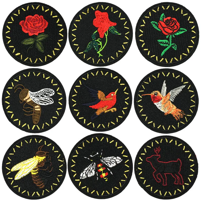 

Round Black Rose Bird Bee Iron on Patches Sewing Embroidered Applique for Jacket Clothes Stickers Badge DIY Apparel Accessories