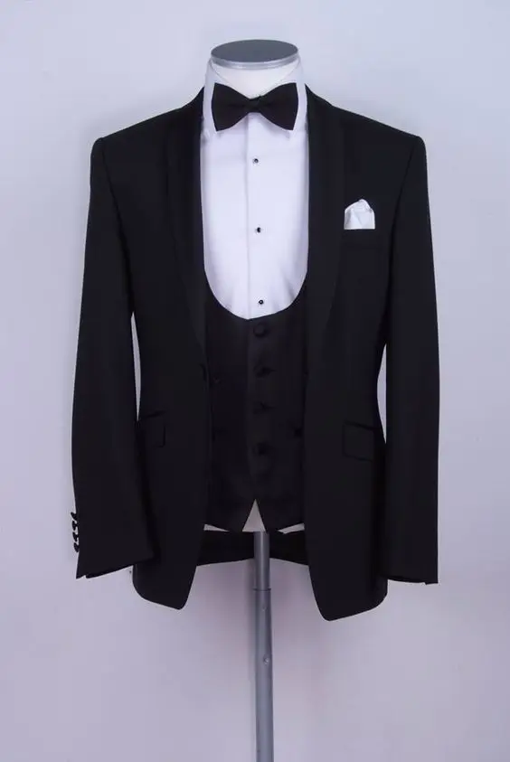 Черный Для мужчин костюмы 3 предмета Свадебные смокинги Groom куртка + жилет + брюки Best Для мужчин костюмы Бизнес Пром индивидуальный заказ