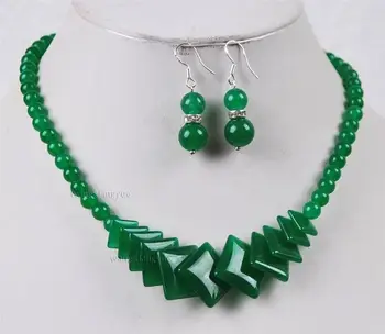 

6-18mm Natural Green Jade Round & Square Beads Jewelry Necklace Earrings Set AAA